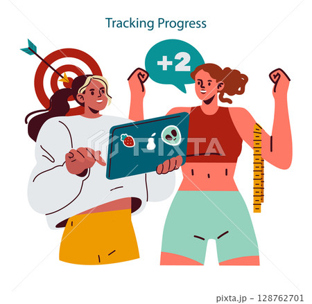 Personal Trainer concept. Fitness coach checks progress on a tablet with a client celebrating improvement, digital tracking for goals, healthy routine support, group training session. Vector Personal Trainer concept. Fitness coach checks progress on a tablet with a client celebrating improvement, digital tracking for goals, healthy routine support, group training session. Vector 128762701