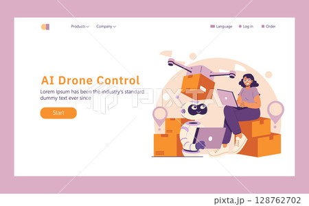 AI in industry revolutionizes logistics through drone technology. The illustration features a person collaborating with a robotic assistant, emphasizing automation and efficiency in manufacturing 128762702