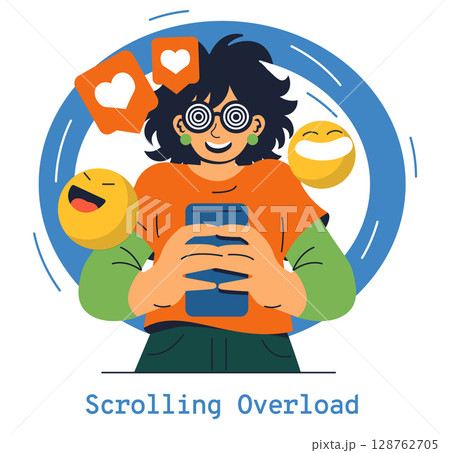 Scrolling Overload concept. Impact of excessive social media use on mental focus. Engaging with overwhelming emotions and visual stimulus in a digital landscape. Vector illustration. Scrolling Overload concept. Impact of excessive social media use on mental focus. Engaging with overwhelming emotions and visual stimulus in a digital landscape. Vector illustration. 128762705