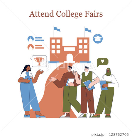 College choice exploration through fairs and interactions. Students engage with representatives, discover opportunities, and make informed decisions for their educational journeys. Vector illustration 128762706