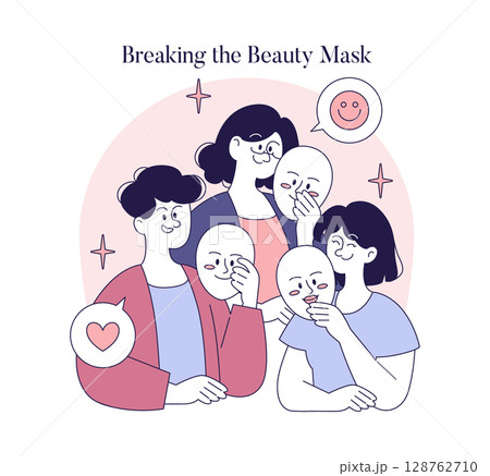 Breaking the Beauty Mask concept. Women revealing their natural faces behind masks, symbolizing self-acceptance and the rejection of societal beauty standards. Vector illustration. 128762710