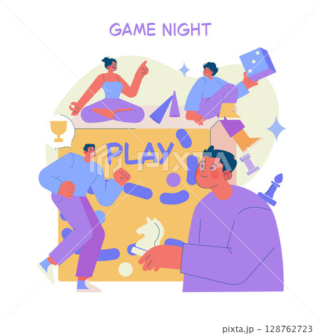 Vector illustration of a lively board game night featuring cheerful players interacting with game pieces. Vibrant colors create an engaging and playful atmosphere. 128762723