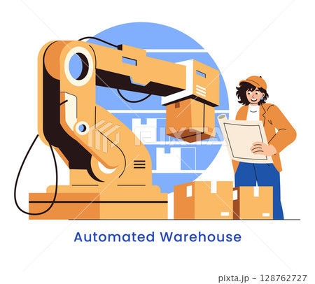 Future Of Delivery concept. Robotic arm organizes packages in a smart warehouse while an operator supervises logistics using digital inventory plan. Efficient solutions for faster, reliable shipping Future Of Delivery concept. Robotic arm organizes packages in a smart warehouse while an operator supervises logistics using digital inventory plan. Efficient solutions for faster, reliable shipping 128762727