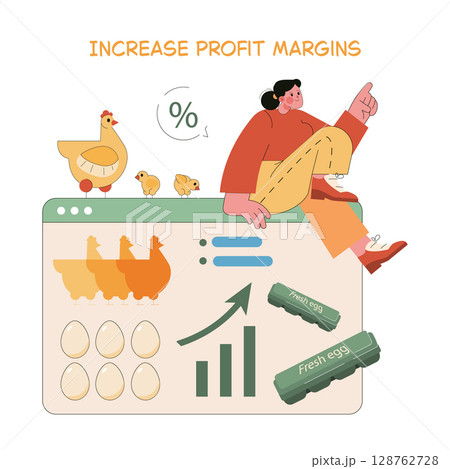 Egg Farm illustration focusing on profit optimization. The design features a person analyzing data with chickens and eggs. Aimed at the poultry industry, promoting growth and efficiency. Vector Egg Farm illustration focusing on profit optimization. The design features a person analyzing data with chickens and eggs. Aimed at the poultry industry, promoting growth and efficiency. Vector 128762728