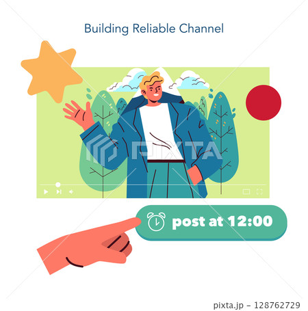 Vector illustration of an animated character in a video frame, with a hand pointing to a scheduled posting time at 12:00, emphasizing content planning and scheduling. Vector illustration of an animated character in a video frame, with a hand pointing to a scheduled posting time at 12:00, emphasizing content planning and scheduling. 128762729