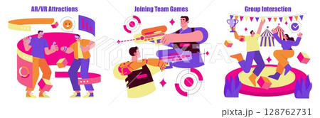 Vector illustration of dynamic AR VR attractions, team games, and group interaction. People are enjoying virtual reality experiences, playing team games, and celebrating achievements together. 128762731