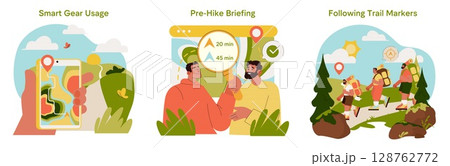 Vector illustration showing a group using smart gear for hiking. Features include planning with digital maps, discussing hiking details, and following trail markers through scenic terrain. Vector illustration showing a group using smart gear for hiking. Features include planning with digital maps, discussing hiking details, and following trail markers through scenic terrain. 128762772