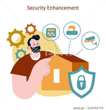 Home security features illustration focusing on enhanced safety measures. It showcases elements like cameras, locks, and alarms highlighting modern technology's role in protecting homes effectively. 128762774
