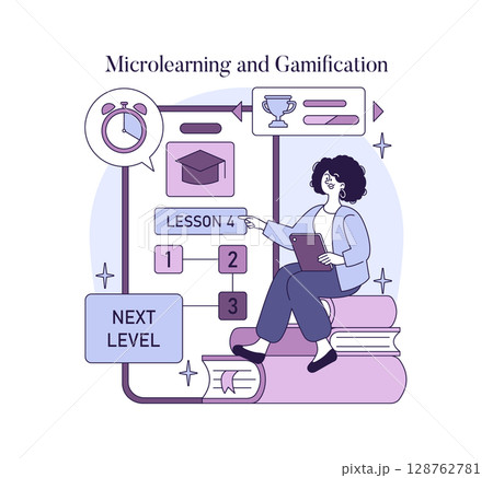 Vector illustration of microlearning with gamification elements showing a person engaging with lesson progression. Features educational icons and a digital learning interface. Vector illustration of microlearning with gamification elements showing a person engaging with lesson progression. Features educational icons and a digital learning interface. 128762781