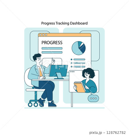 Vector illustration of professionals analyzing a progress tracking dashboard during a business meeting. Features charts, graphs, and collaborative discussion at a workspace. Vector illustration of professionals analyzing a progress tracking dashboard during a business meeting. Features charts, graphs, and collaborative discussion at a workspace. 128762782