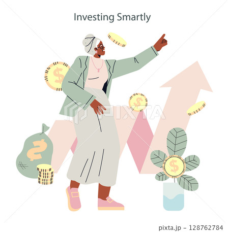 Silver Society concept. Senior woman making financial decisions, dollar coins, money bag, and growing investment plant, growth chart showing wealth planning and economic opportunities. Vector 128762784