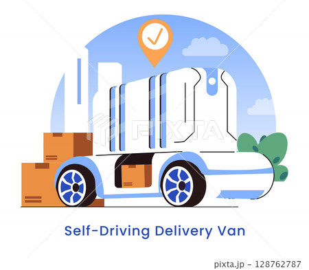 Future of Delivery concept. Autonomous delivery van with parcels in urban cityscape. Smart logistics and efficient shipment revolutionizing package transport for modern cities. Vector illustration. 128762787