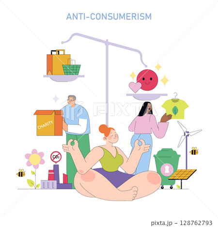 Vector illustration showing anti-consumerism concepts with people engaging in sustainable practices like charity, mindful shopping, meditation, renewable energy, and recycling. 128762793