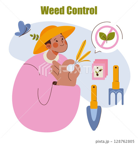 Horticulture concept. Gardener removes weeds for healthier plant growth using hand tools and seed packets in a garden setting, focusing on weed control and maintenance. Vector illustration. 128762805