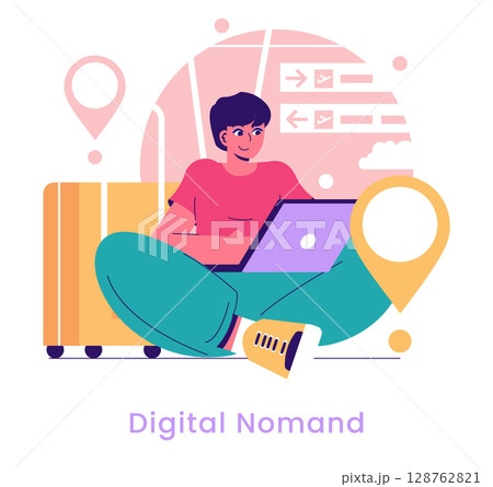Digital nomad lifestyle concept showcasing a young man with a laptop, symbolizing remote work and global mobility. Digital nomad lifestyle concept showcasing a young man with a laptop, symbolizing remote work and global mobility. 128762821