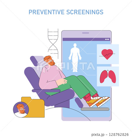 Mens Health Month concept. Routine preventive screenings help detect early signs of heart and lung issues, encouraging men to prioritize regular checkups for long term wellness. Vector illustration. 128762826