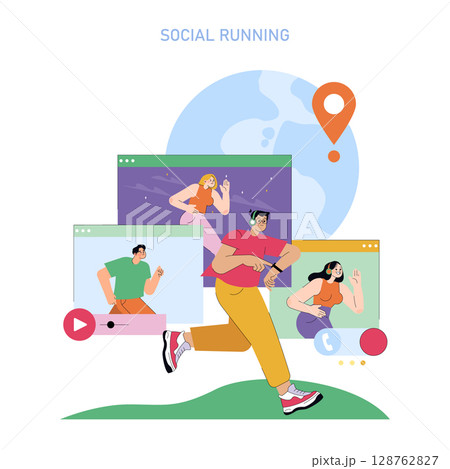 World Running Day concept. People connect virtually and run together globally from different locations, using devices and online platforms to share motivation and celebrate fitness. Vector World Running Day concept. People connect virtually and run together globally from different locations, using devices and online platforms to share motivation and celebrate fitness. Vector 128762827