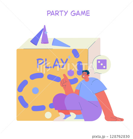 Vector illustration of a cheerful person engaging with a party game. Shows a large play block and dice, highlighting an interactive and fun activity setup. 128762830