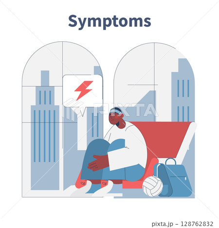 Vector illustration of an athlete sitting with a pained expression inside a city setting. The image conveys symptoms through a speech bubble with a lightning bolt icon. 128762832
