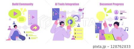 Vector illustration depicting digital community building, AI integration, and document progress with vibrant symbols. Visual elements include tech interfaces and engaged individuals. Vector illustration depicting digital community building, AI integration, and document progress with vibrant symbols. Visual elements include tech interfaces and engaged individuals. 128762833