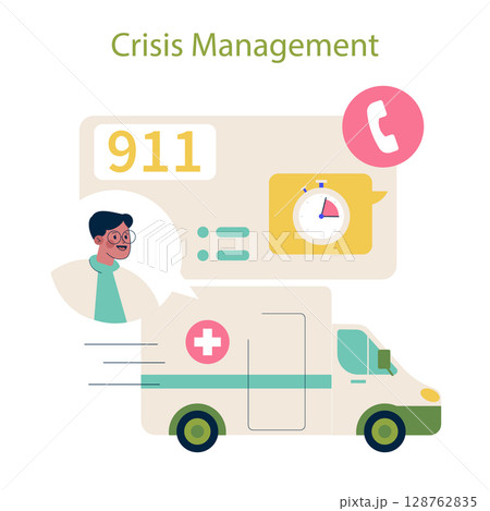 Vector illustration depicting crisis management with a 911 emergency theme. An ambulance, a stopwatch, and a caller illustrate quick response and assistance during critical situations. 128762835
