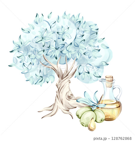 Exploring the beauty of olives and olive oil through watercolor illustrations inspired by Italian cuisine 128762868