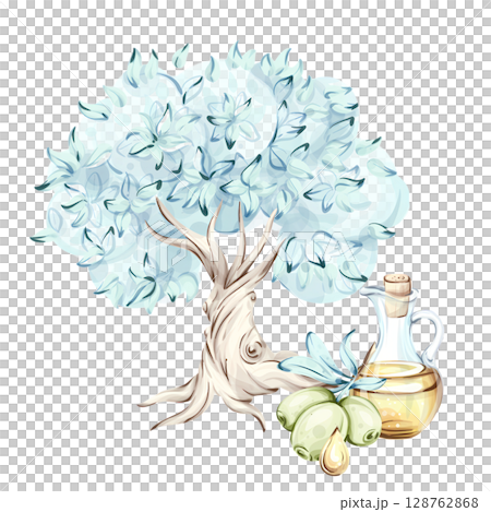 Exploring the beauty of olives and olive oil through watercolor illustrations inspired by Italian cuisine 128762868