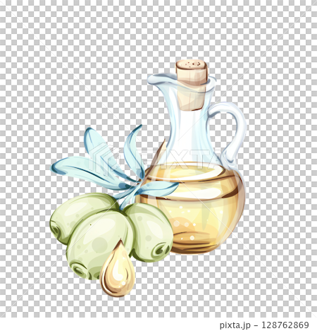 Watercolor illustration of olives and olive oil capturing the essence of Italian cuisine and nature Watercolor illustration of olives and olive oil capturing the essence of Italian cuisine and nature 128762869