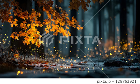 peaceful autumn forest scene with falling leaves and soft warm light. Perfect for seasonal designs, blogs, websites, and cozy atmosphere visuals. 128762921