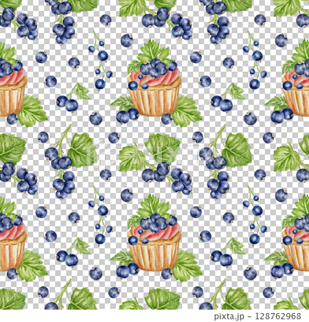 Seamless pattern with sweet cupcakes and black currants. Watercolor print for festive textiles and confectionery packaging. Colorful pattern with a festive cake and summer berries Seamless pattern with sweet cupcakes and black currants. Watercolor print for festive textiles and confectionery packaging. Colorful pattern with a festive cake and summer berries 128762968