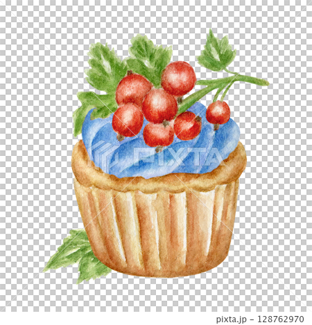 Muffin with red currant berries and cream, watercolor illustration. Design element for pastry shops, bakeries, and birthday cards. A sweet treat with fresh berries. Muffin with red currant berries and cream, watercolor illustration. Design element for pastry shops, bakeries, and birthday cards. A sweet treat with fresh berries. 128762970