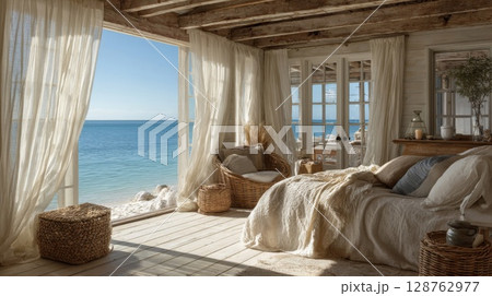 Coastal Bedroom with Ocean View, Bright Sunlight and White Decor Coastal Bedroom with Ocean View, Bright Sunlight and White Decor 128762977