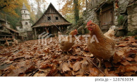 Brown Chickens on Autumn Leaves in a Rustic Village Setting 128763034