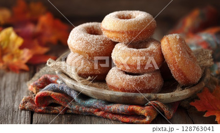 Sugar Donuts on Rustic Wooden Table with Autumn Leaves 128763041