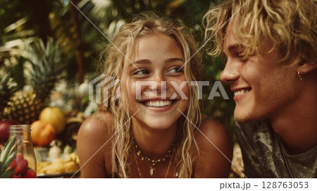 Happy Young Couple Smiling Close Up Outdoors 128763053