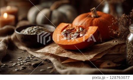 Autumn Still Life with Pumpkins and Seeds 128763077