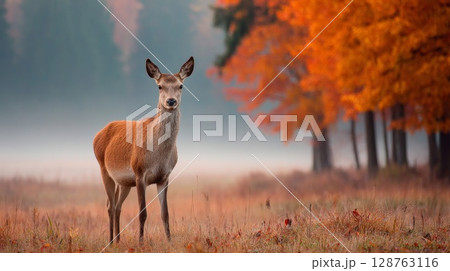 Red Deer in Autumn Forest with Orange Leaves 128763116
