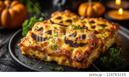 Halloween Jack-o'-lantern Lasagna: A Spooky Baked Cheese Dish 128763228