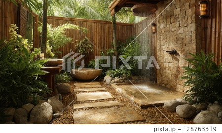 Stone Outdoor Shower in Lush Tropical Garden 128763319