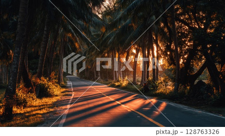 Sunset Road Through Tropical Trees Sunset Road Through Tropical Trees 128763326
