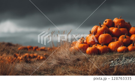 Orange Pumpkins in a Field on an Overcast Day 128763335