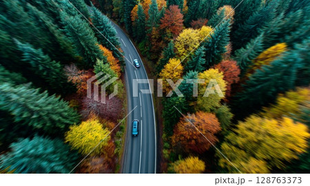 Aerial View of Winding Road Through Autumn Forest 128763373