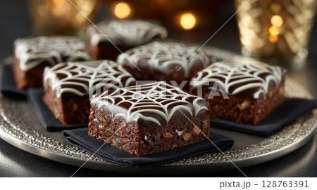 Spooky Halloween Chocolate Brownies with Spiderweb Icing 128763391