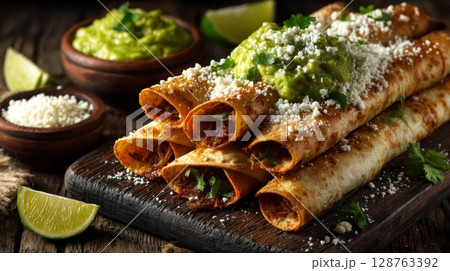 Crispy Taquitos with Guacamole and Cheese 128763392