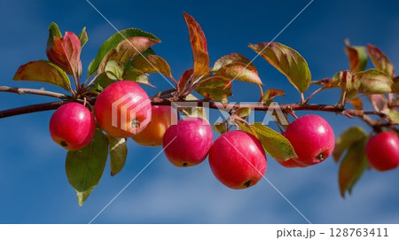 Red Apples on a Branch Against a Blue Sky Red Apples on a Branch Against a Blue Sky 128763411