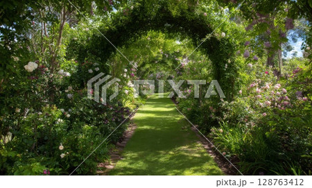 Lush Rose Garden Pathway with Floral Arch 128763412