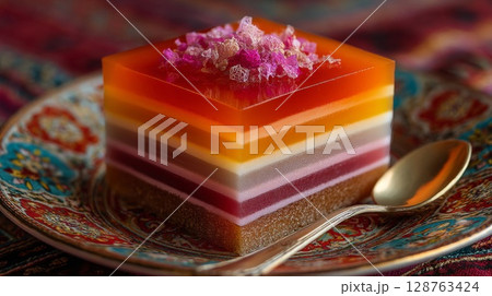 Layered Jelly Dessert with Edible Flowers Layered Jelly Dessert with Edible Flowers 128763424