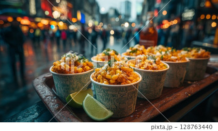 Elote Street Food in Rainy City Night 128763440