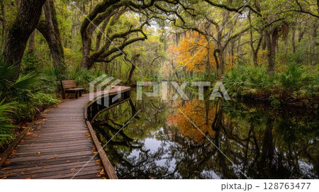 Autumnal Swamp Walkway with Reflections 128763477