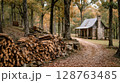 Rustic Log Cabin in Autumn Woods 128763485